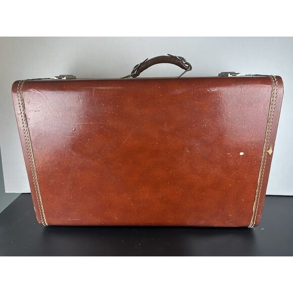 Vintage 1950s Suitcase Style No Key Brown Hardcase Train Luggage Deco - Picture 6 of 10